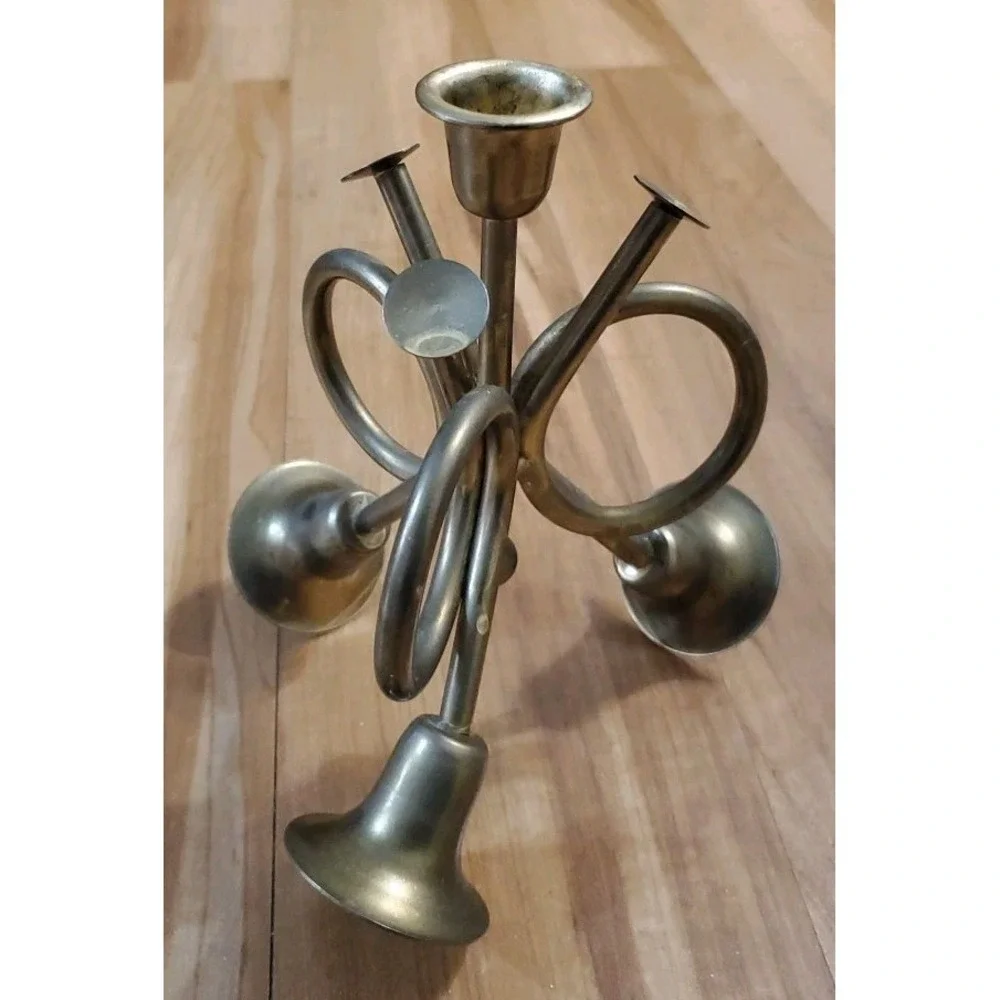 Tripple French Horn Brass‎ Taper Candle Holder Thanksgiving Christmas Holiday
